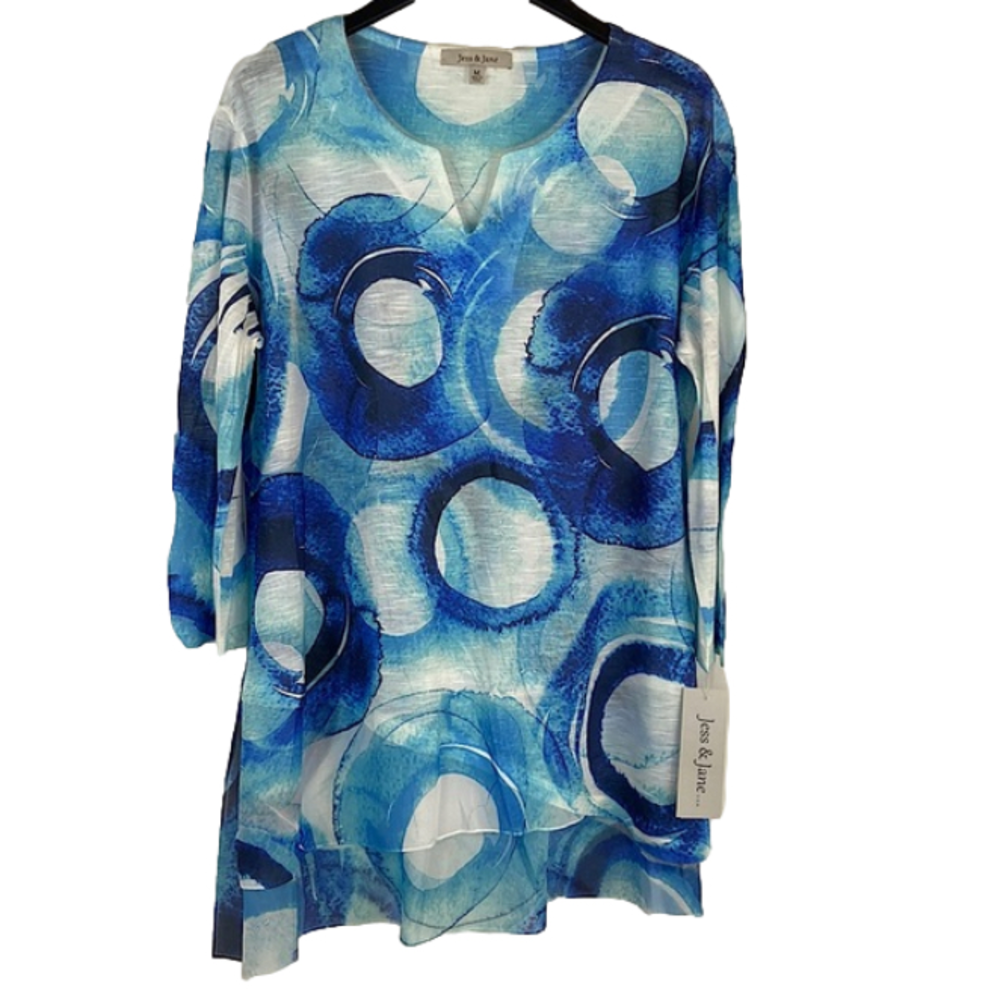 Jess & Jane Turquoise and Blue Circle Print Asymmetric Hem Tunic Size Small